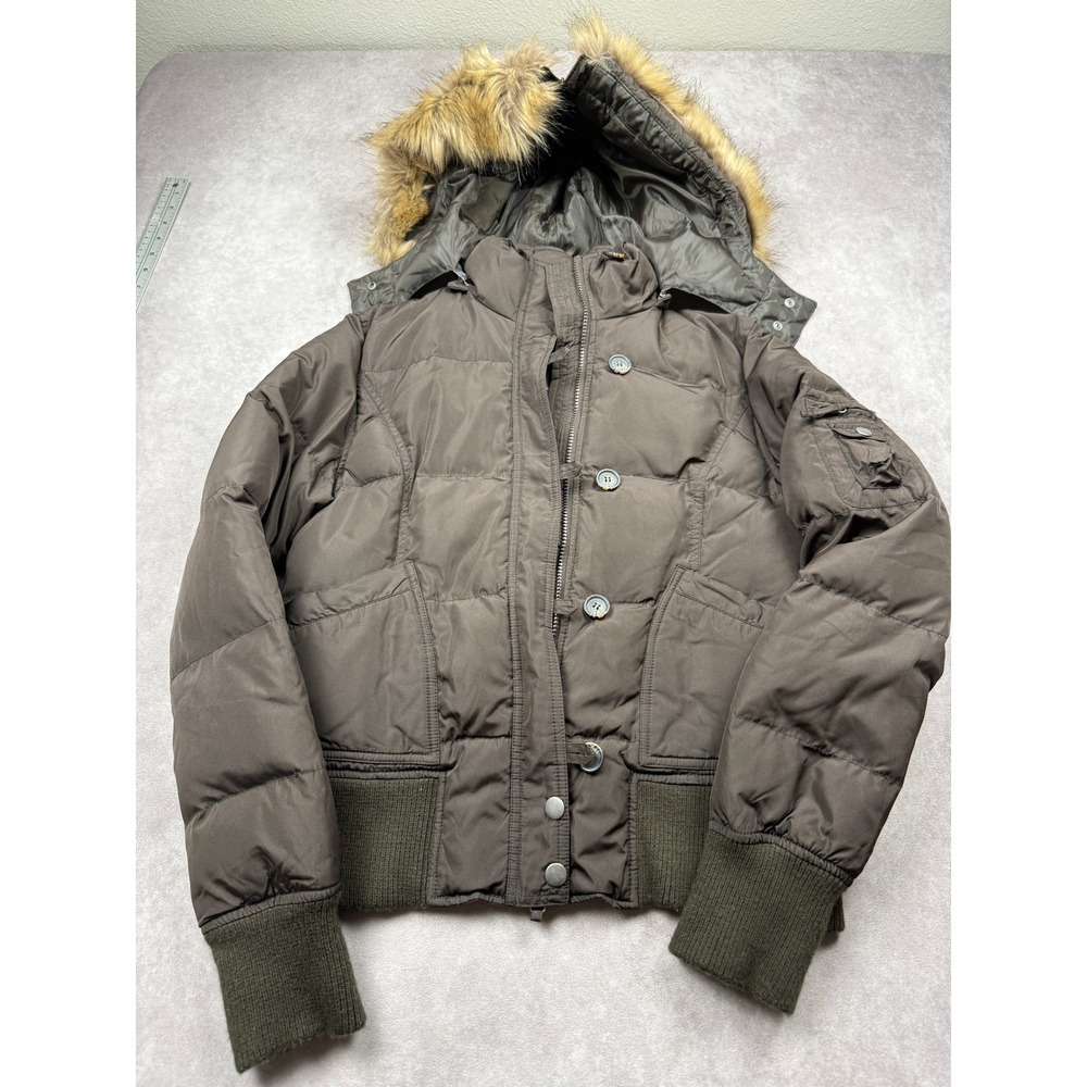 United Colors of Benetton Down Puffer Jacket Women M Faux Fur Hood Bomber Brown